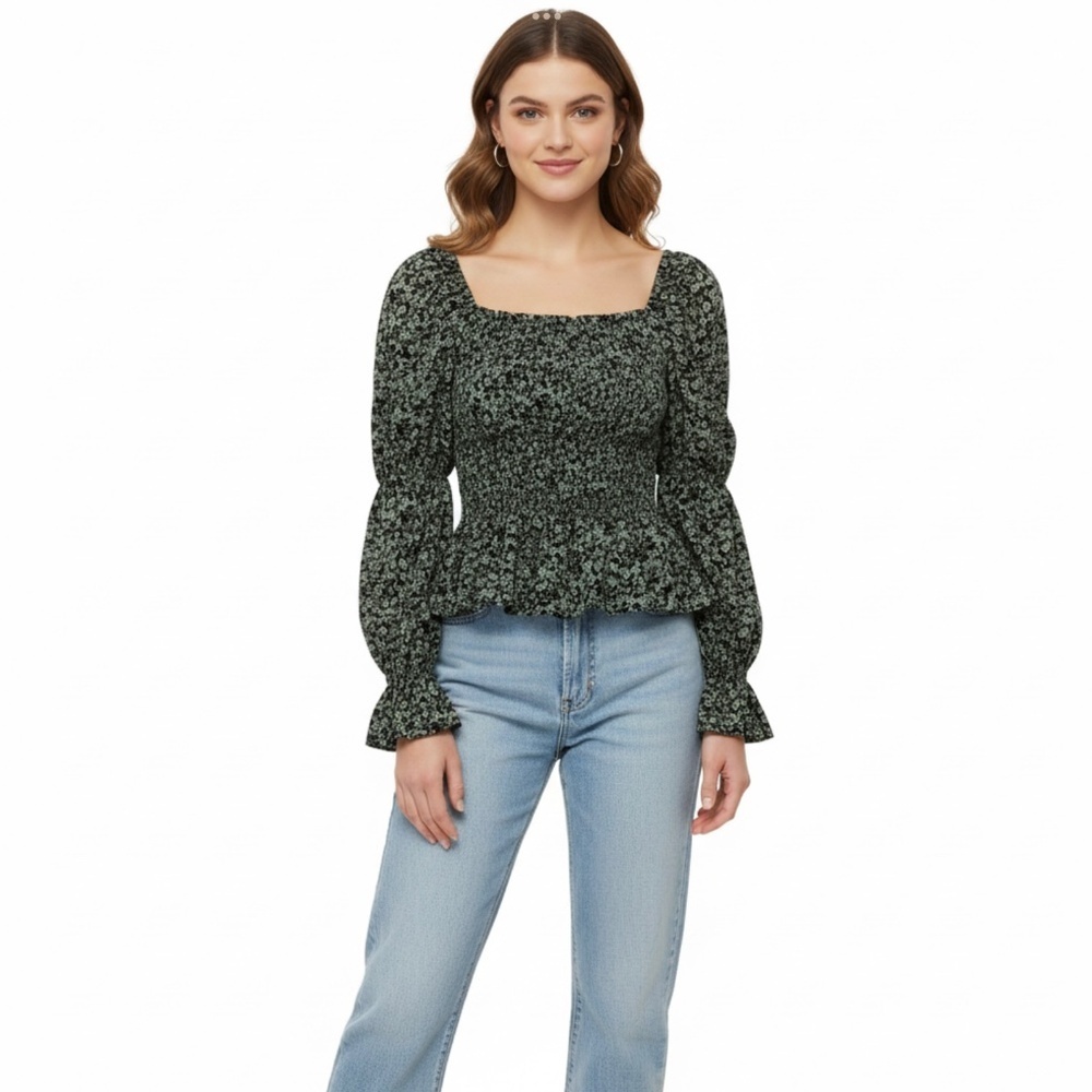 SO Smocked Waist Milkmaid Top Sz M Floral Boho Cottagecore Romantic Feminine Y2K